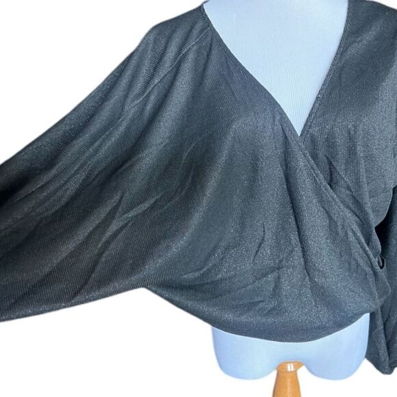NWT Womens Just Fab JustFab Metallic Shimmer Black Ribbed Faux Wrap Top Blouse M - Picture 2 of 3